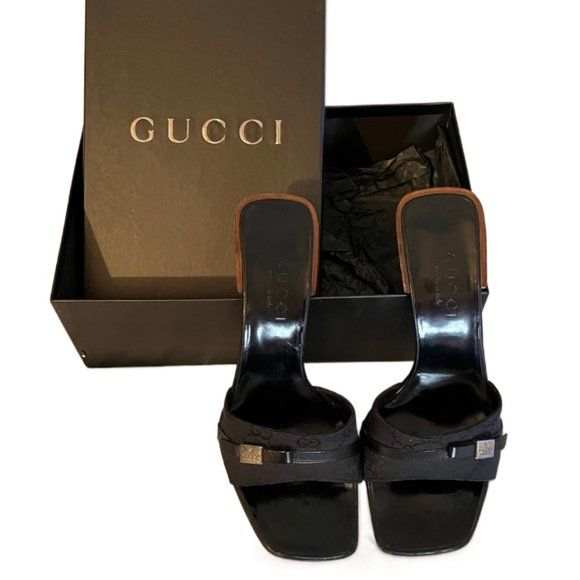 Gucci Shoes - Gucci black GG monogrammed slides / heels with box Size 6.5